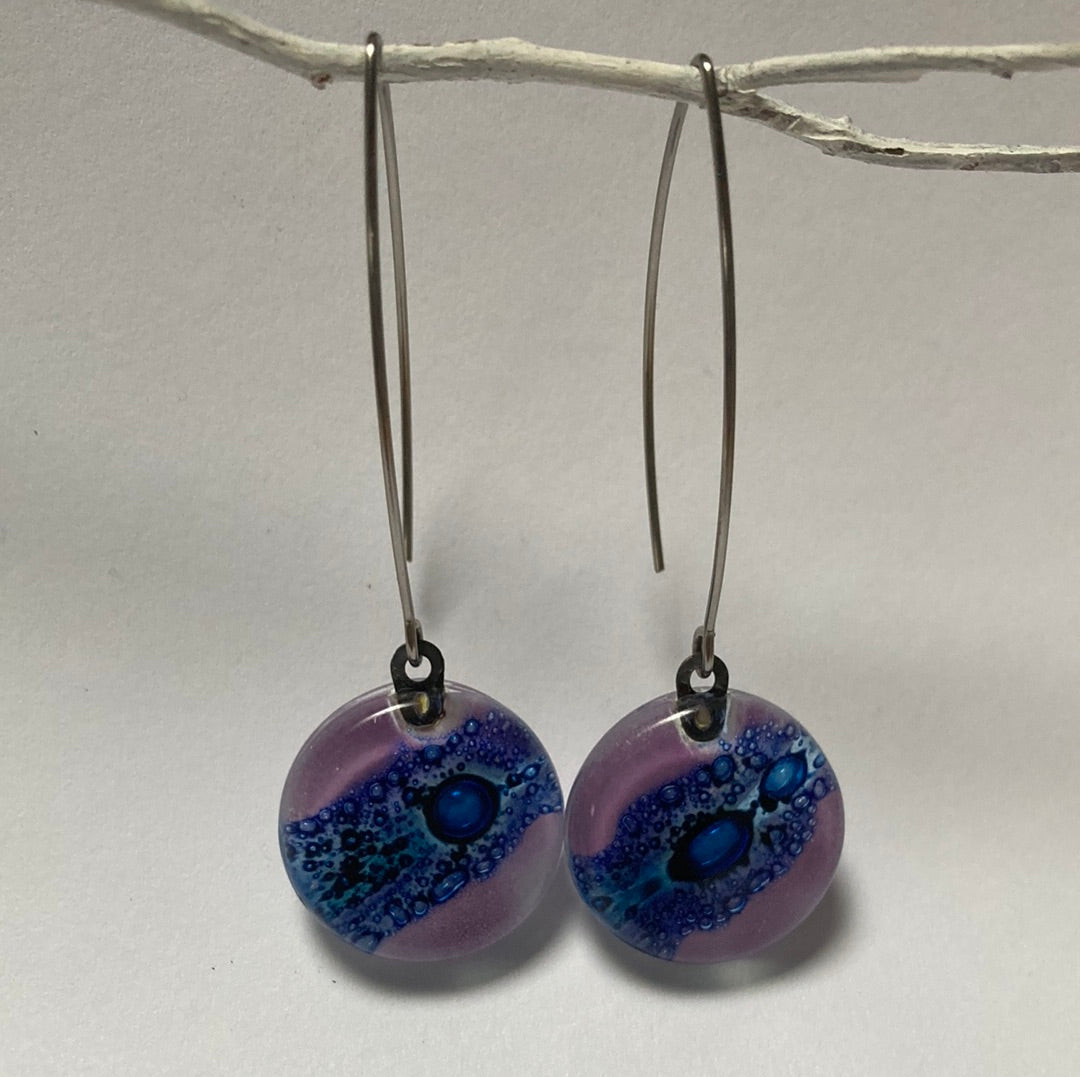 Long fused glass Drop earrings. Lavender and Blue Sand V-wire recycled glass dangles.