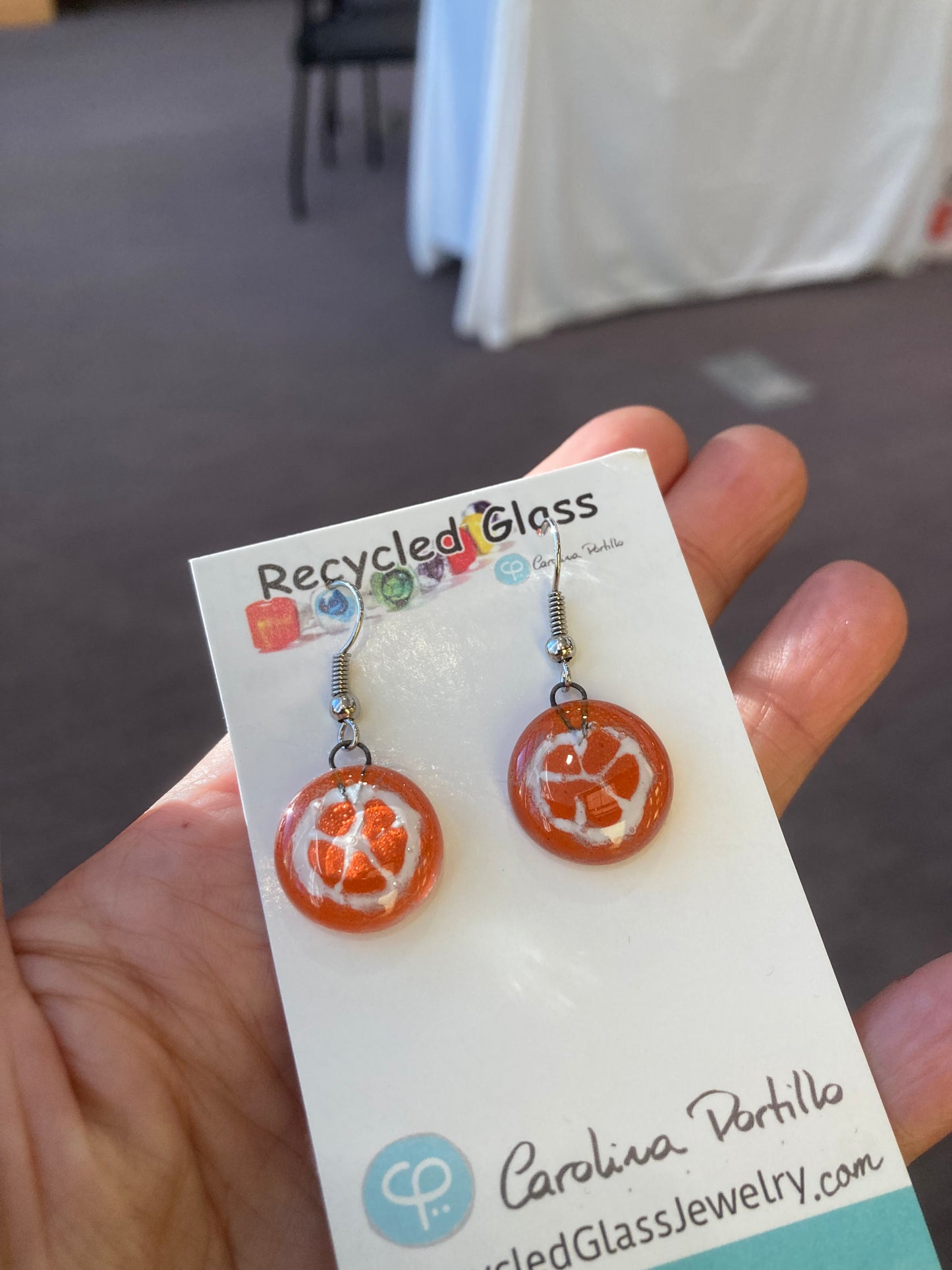 Sasha - Love Oranges!!! Orange slice round dangle Fused Glass Drop Earrings. Fun colors. Everyday earrings. Handcrafted