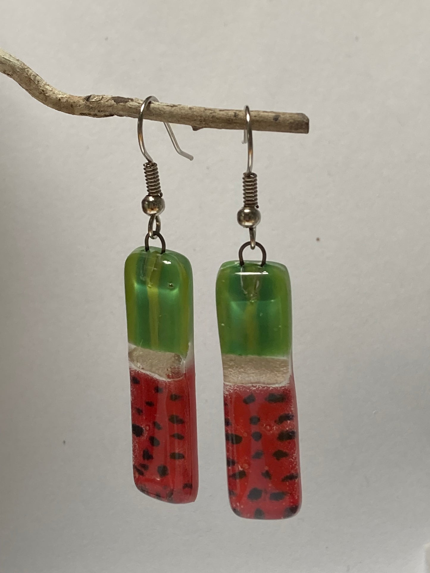 Long ‘Watermelon’ Recycled Fused Glass Dangling earrings