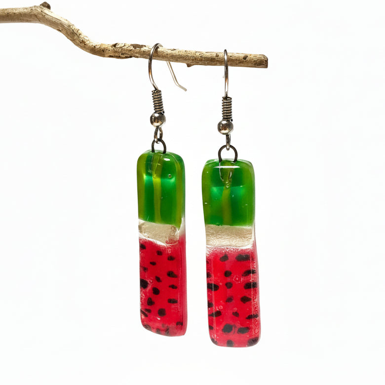 Long ‘Watermelon’ Recycled Fused Glass Dangling earrings