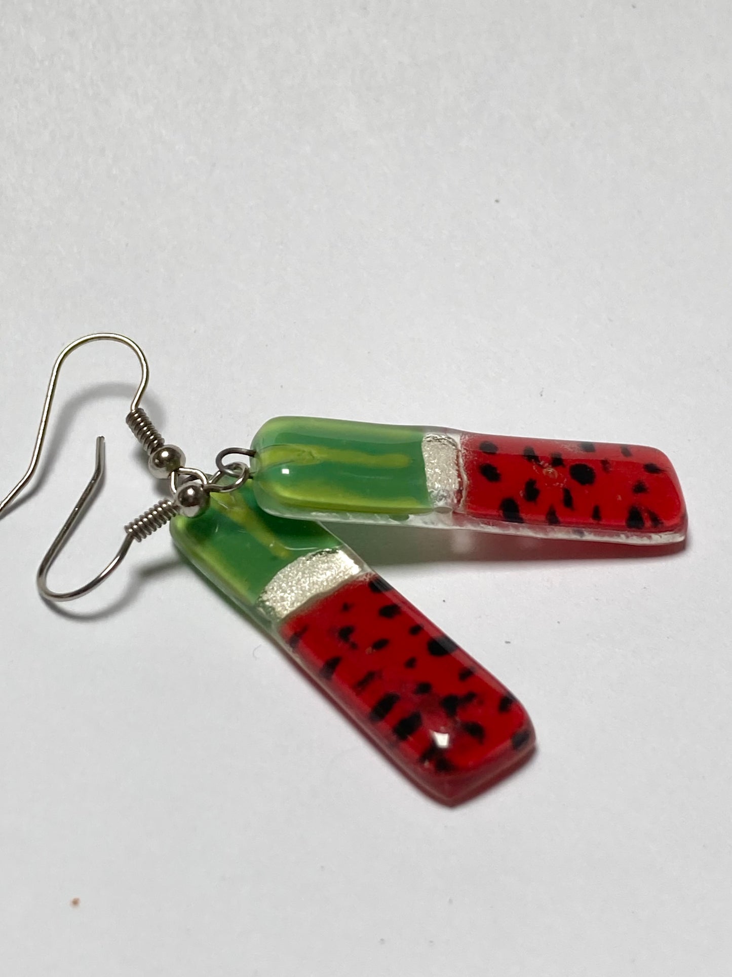 Long ‘Watermelon’ Recycled Fused Glass Dangling earrings