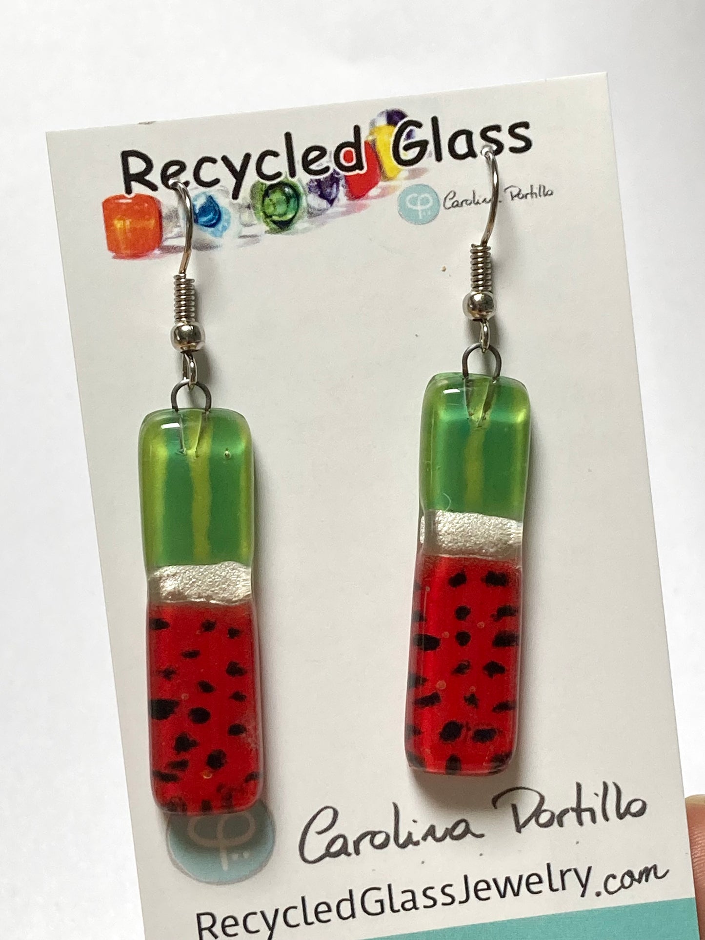 Long ‘Watermelon’ Recycled Fused Glass Dangling earrings