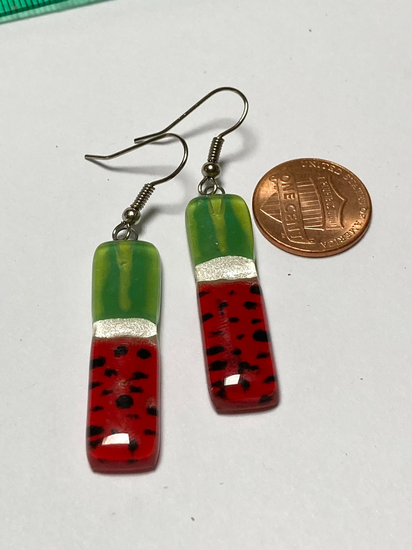 Long ‘Watermelon’ Recycled Fused Glass Dangling earrings