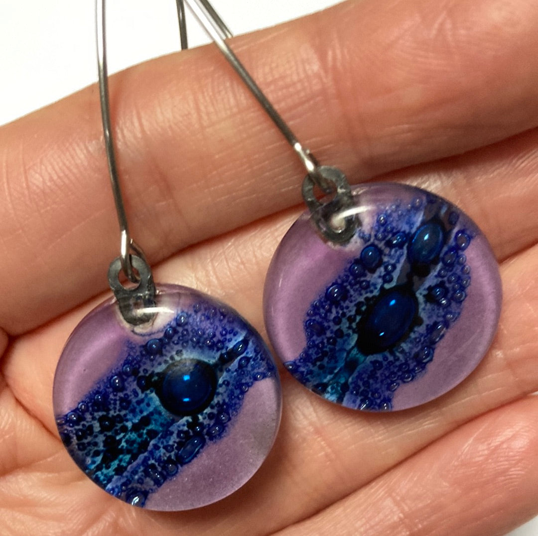 Long fused glass Drop earrings. Lavender and Blue Sand V-wire recycled glass dangles.
