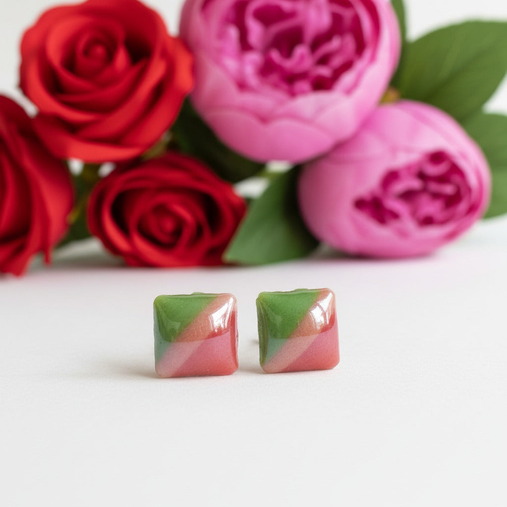 Red, Pink and Green Glass Square studs