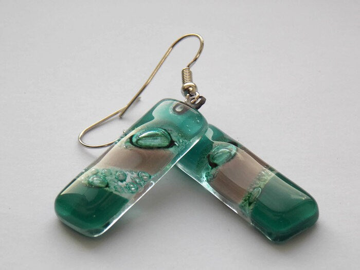 Dangle Earrings Green earrings. Green ans Taupe Recycled Fused Glass Drop earrings.