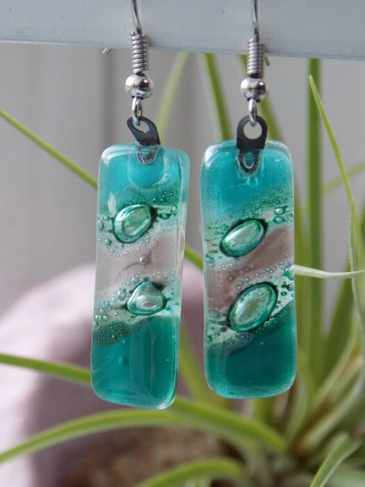 Dangle Earrings Green earrings. Green ans Taupe Recycled Fused Glass Drop earrings.