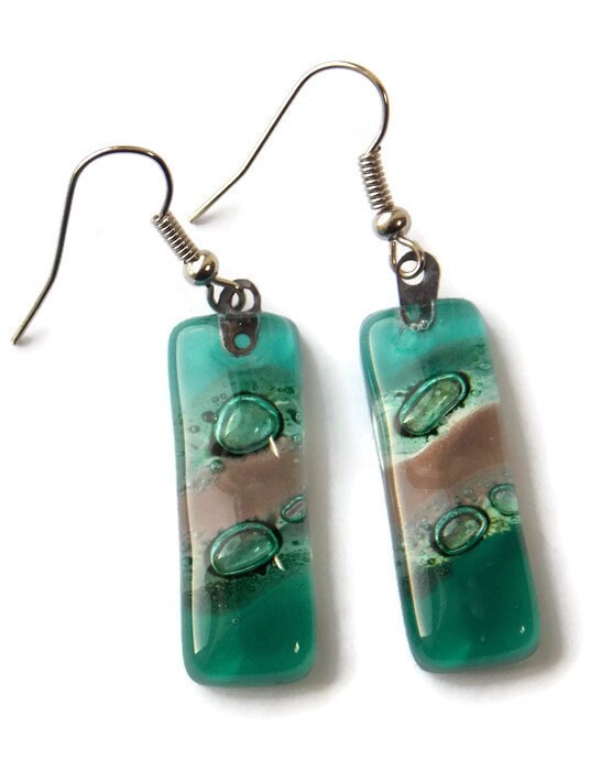Dangle Earrings Green earrings. Green ans Taupe Recycled Fused Glass Drop earrings.