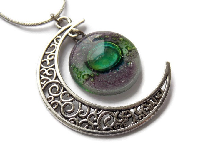 Green and purple moon long pendant Recycled glass. Crescent moon necklace. Magical jewelry. Universe pendant. Eco-friendly jewelry