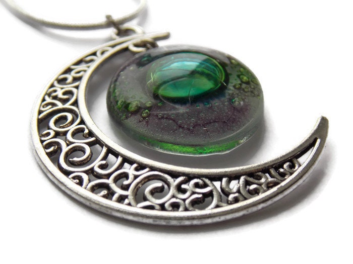 Green and purple moon long pendant Recycled glass. Crescent moon necklace. Magical jewelry. Universe pendant. Eco-friendly jewelry