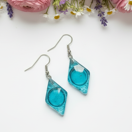Aqua, turquoise diamond shaped recycled fused Glass Earrings. Glass drop Earrings.