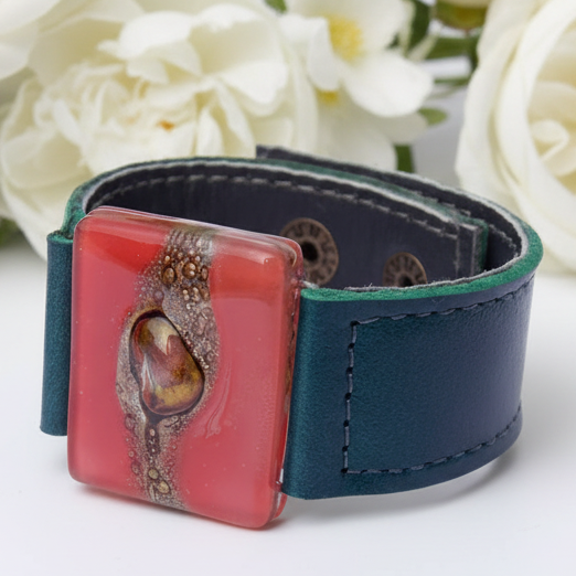 Red Recycled GLass and Dark Green Thin Leather Cuff Bracelet.