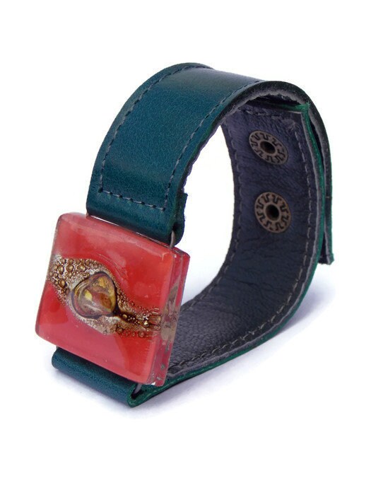 Red Recycled  GLass and Dark Green Thin Leather Cuff Bracelet.