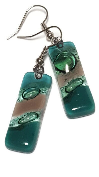 Dangle Earrings Green earrings. Green ans Taupe Recycled Fused Glass Drop earrings.