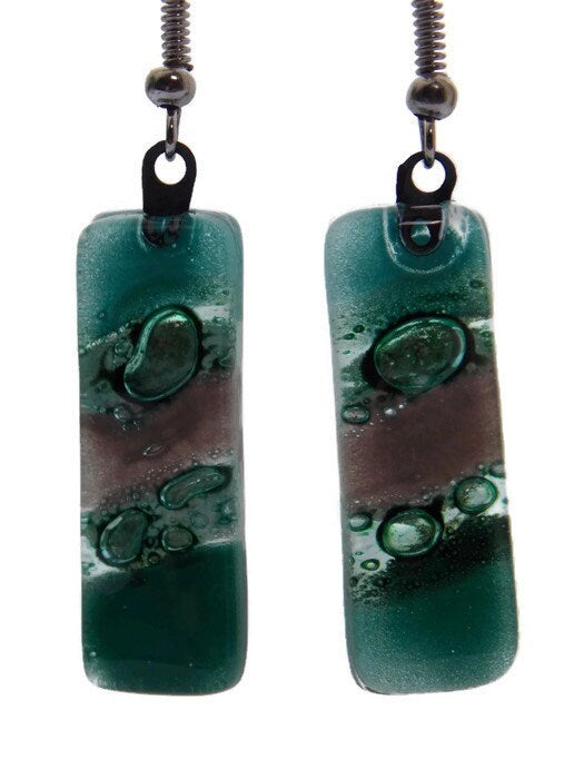 Dangle Earrings Green earrings. Green ans Taupe Recycled Fused Glass Drop earrings.