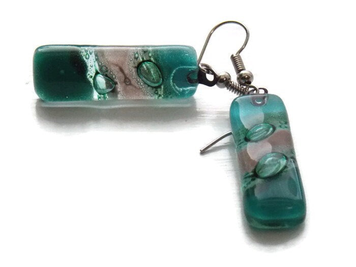 Dangle Earrings Green earrings. Green ans Taupe Recycled Fused Glass Drop earrings.
