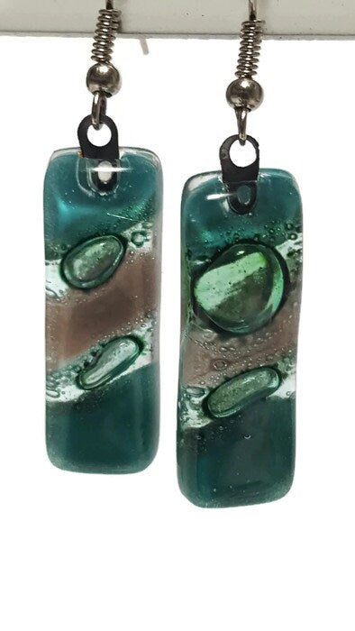 Dangle Earrings Green earrings. Green ans Taupe Recycled Fused Glass Drop earrings.
