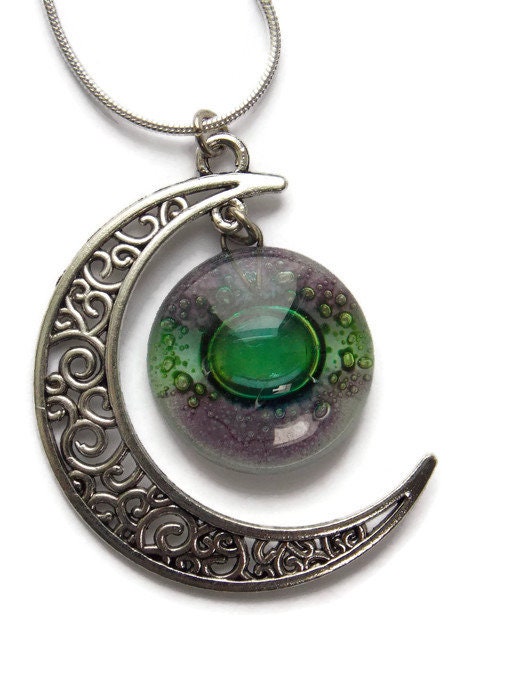 Green and purple moon long pendant Recycled glass. Crescent moon necklace. Magical jewelry. Universe pendant. Eco-friendly jewelry