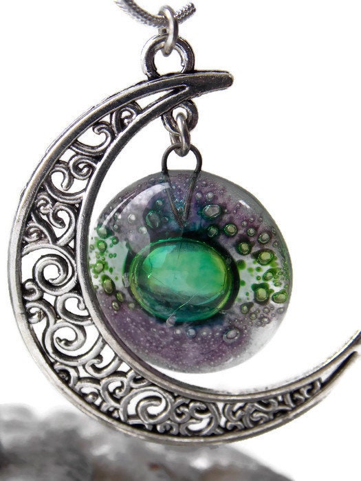 Green and purple moon long pendant Recycled glass. Crescent moon necklace. Magical jewelry. Universe pendant. Eco-friendly jewelry
