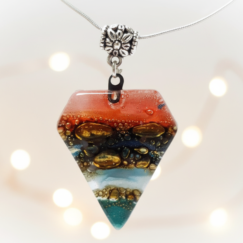 Red, Blue, teal and Brown Fused Glass Pendant. Recycled Glass Necklace