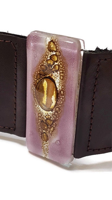 Stylish Wide Leather Cuff. Chocolate dark brown color Leather Bracelet. Recycled glass Bracelet. Lavender, brown w golden bubbles