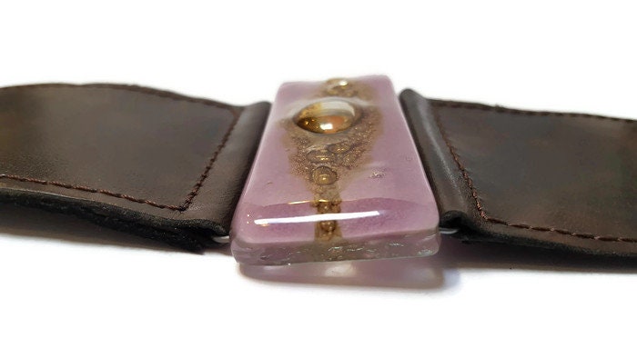 Stylish Wide Leather Cuff. Chocolate dark brown color Leather Bracelet. Recycled glass Bracelet. Lavender, brown w golden bubbles