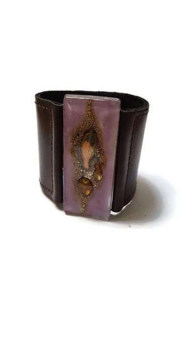Stylish Wide Leather Cuff. Chocolate dark brown color Leather Bracelet. Recycled glass Bracelet. Lavender, brown w golden bubbles