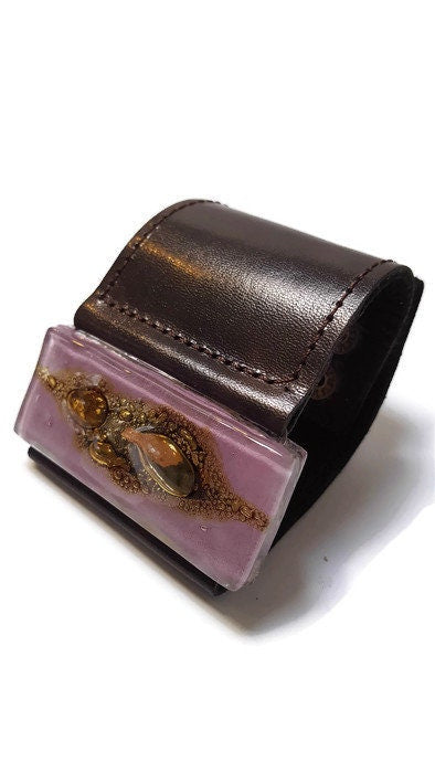 Stylish Wide Leather Cuff. Chocolate dark brown color Leather Bracelet. Recycled glass Bracelet. Lavender, brown w golden bubbles