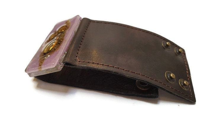 Stylish Wide Leather Cuff. Chocolate dark brown color Leather Bracelet. Recycled glass Bracelet. Lavender, brown w golden bubbles