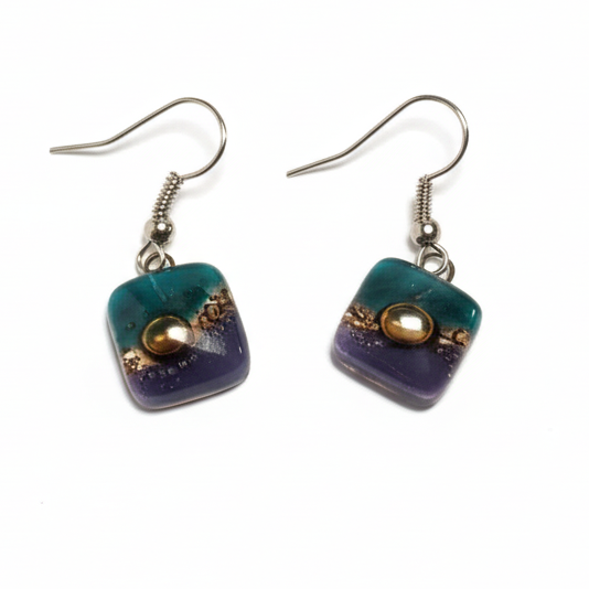 Small teal, brown and purple Square Fused Glass Dangle Earrings. Recycled Glass Drop earrings