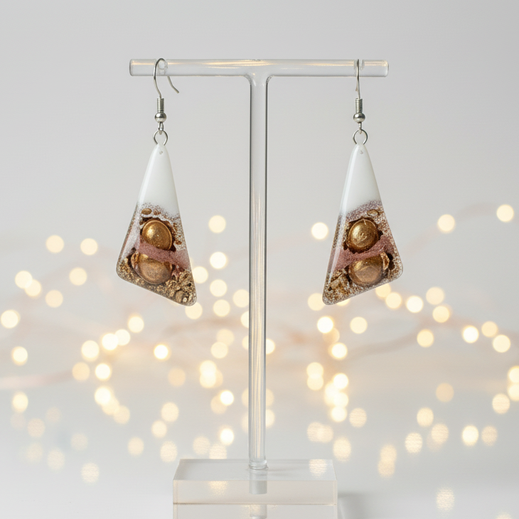 Long Triangle Drop drop Earrings. White, pink and Brown Recycled Fused Glass dangle earrings