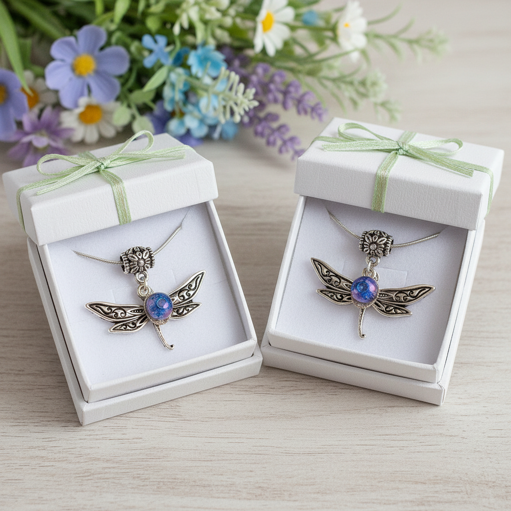 BFF Dragonfly necklace set. Recycled fused glass Lilac and Blue beads. Set of 2 necklaces. Small dainty pendant. Best gift