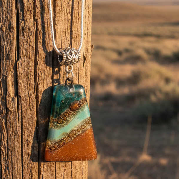 Terracota and teal Fused Glass small Pendant. Recycled Glass Necklace. Awesome glass bubbles. Earthy colors. Best handmade gift idea.