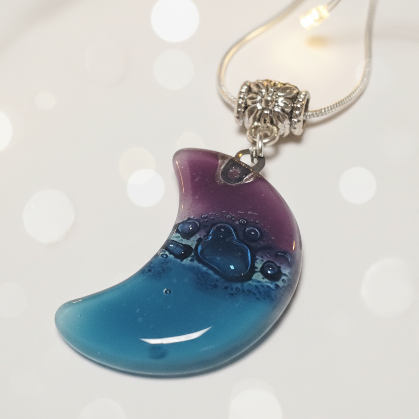 Purple, blue Moon Recycled Glass Pendant. Small moon made of Recycled Glass. Handmade. Best holiday gift. Crescent moon. Waxing moon