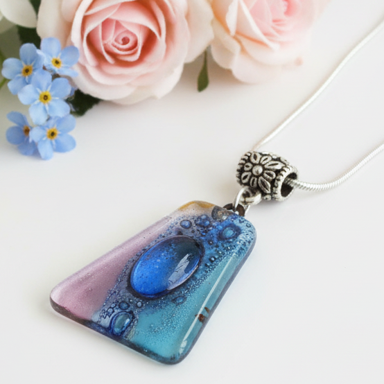 Blue and lilac Recycled Fused Glass small Pendant. Handmade unique geometric necklace. Glass with bubbles. Best One of a kind gifts.