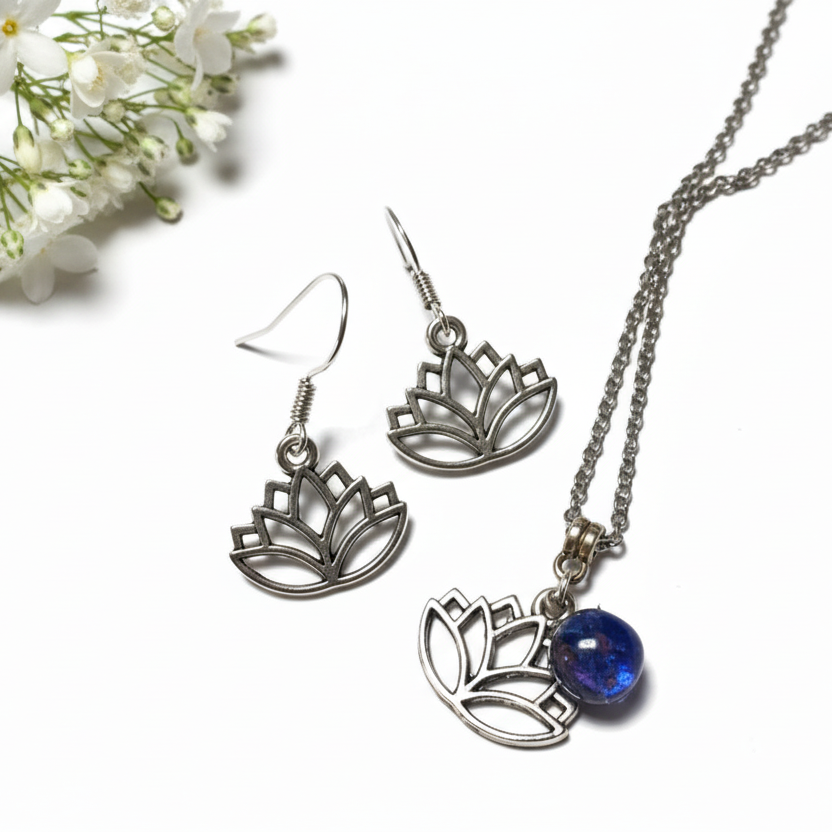 Lotus flower set. Earrings and pendant. Recycled Fused glass pendant. Handmade bead. Lotus Yoga dangle earrings. Eco friendly. Handmade