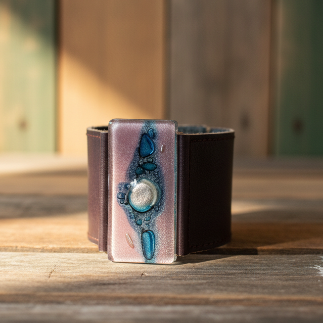 Wide Leather Cuff. Dark purple Leather Bracelet. Recycled glass Bracelet. Lilac and Blue with silver bubble glass. Double snaps.