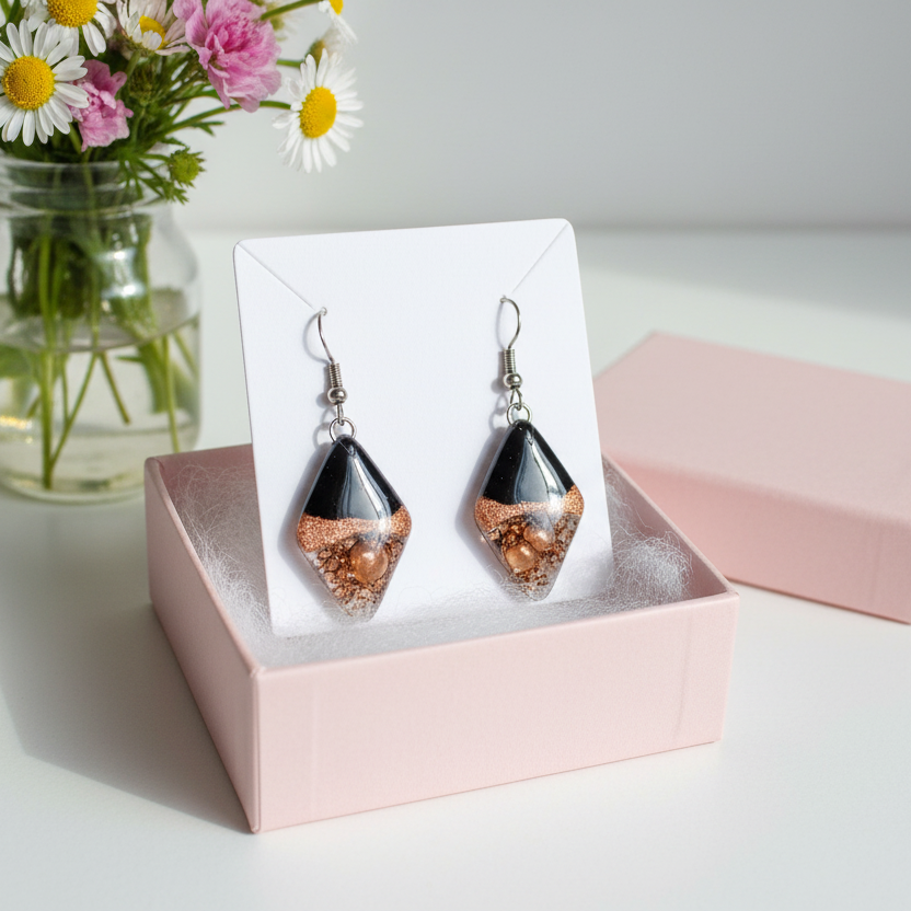 Fused glass Dangle Earrings. Black, copper and Brown Diamond Shaped Earrings. Recycled Glass Drop Earrings, long earrings.