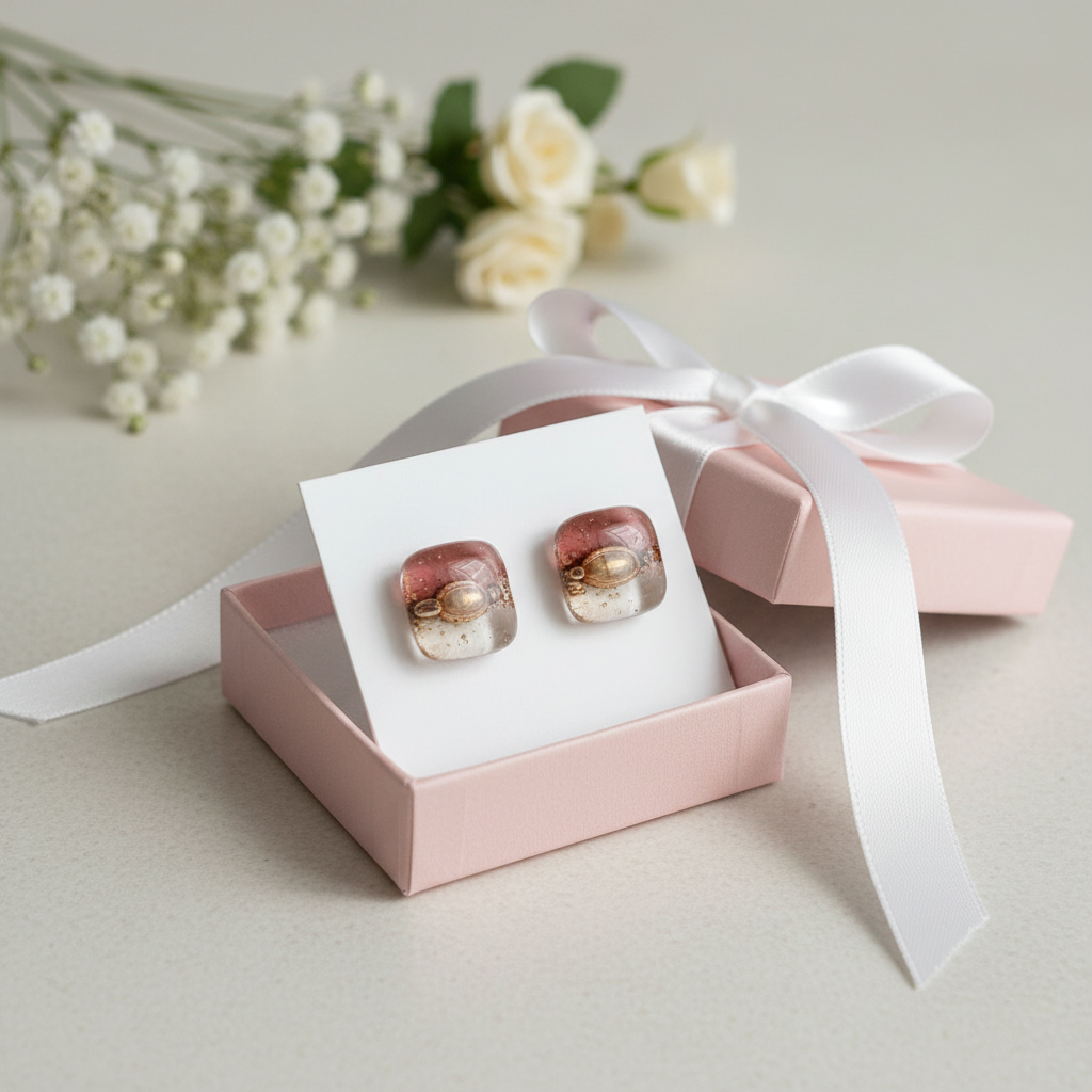 Post Earrings. Recycled glass Earrings. Pink, White and brown Earrings Studs. Fused Glass jewelry. Small earrings