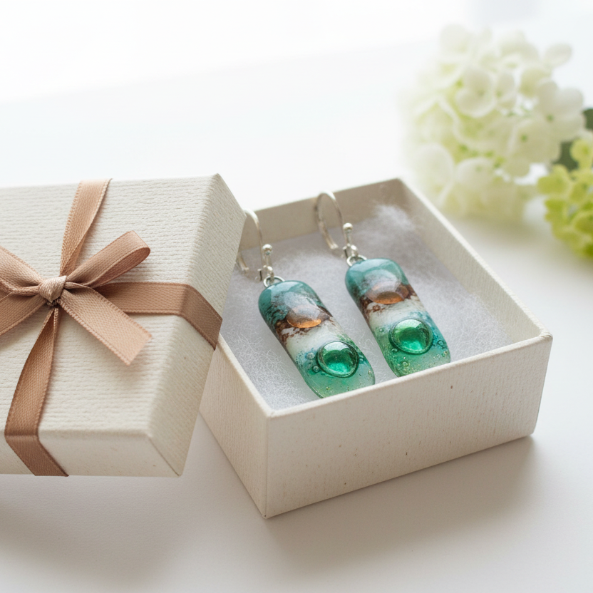 Small bar rectangle Dangle Earrings Recycled Glass. Fused drop Glass. Green, White, Teal and brown drop earrings. CHOOSE EARRING HOOK