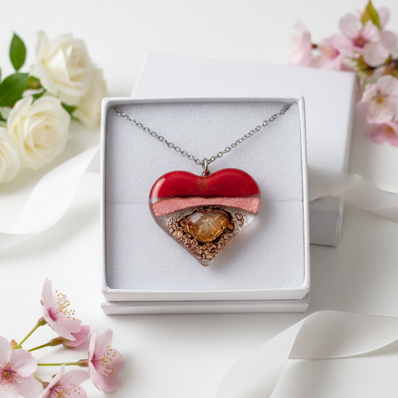 Nice color re, copper and brown Heart shape Recycled Fused Glass Necklace limited edition. Heart pendant