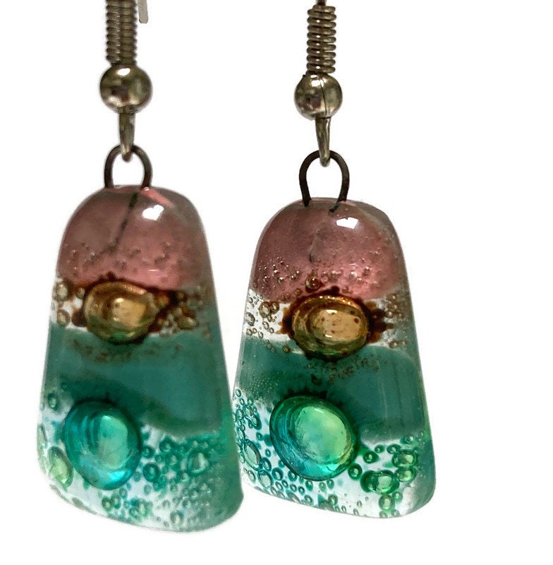 Pink, sea foam green , green and brown Drop Earrings. Glass Art Recycled Fused Glass dangle Earring.