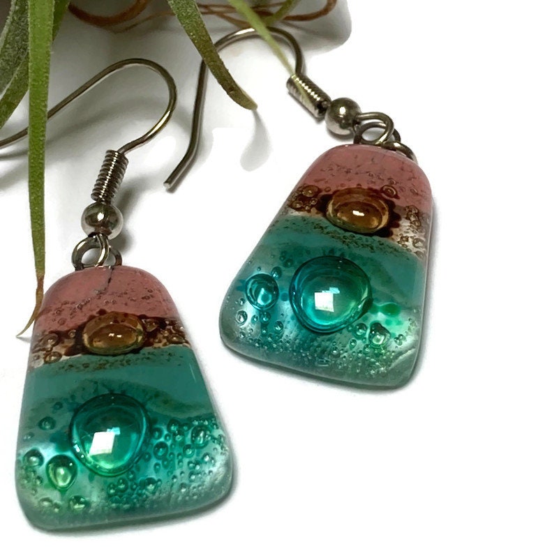 Pink, sea foam green , green and brown Drop Earrings. Glass Art Recycled Fused Glass dangle Earring.