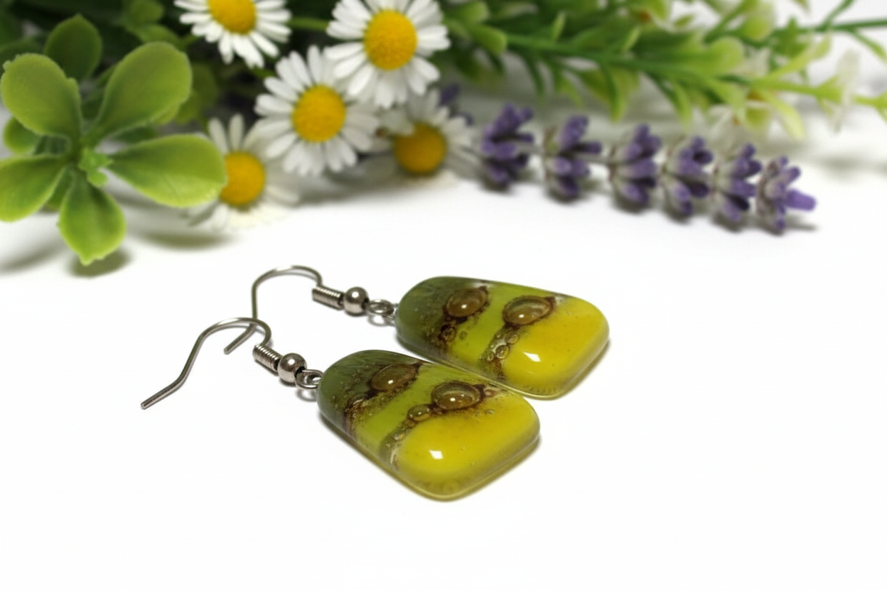 Shades of green Recycled Fused Glass dangle Earring. Handmade drop, dangle earrings