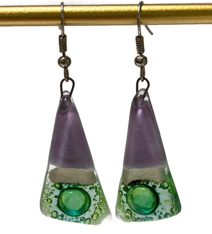 Long Triangle Drop drop Earrings. Green, Lilac and pearly white Recycled Fused Glass dangle earrings