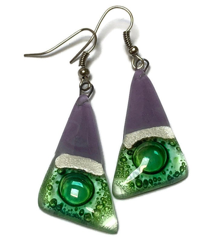 Long Triangle Drop drop Earrings. Green, Lilac and pearly white Recycled Fused Glass dangle earrings