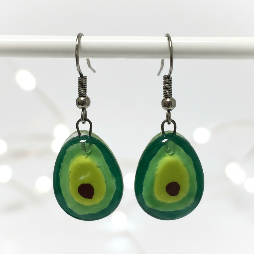 Green Avocado dangle Fused Glass Drop Earrings. Fun Everyday earrings. Handcrafted beads and charms.