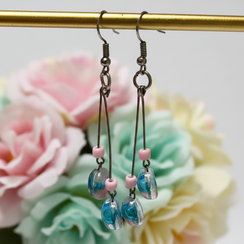 White, pink and turquoise Long multiple bead earrings