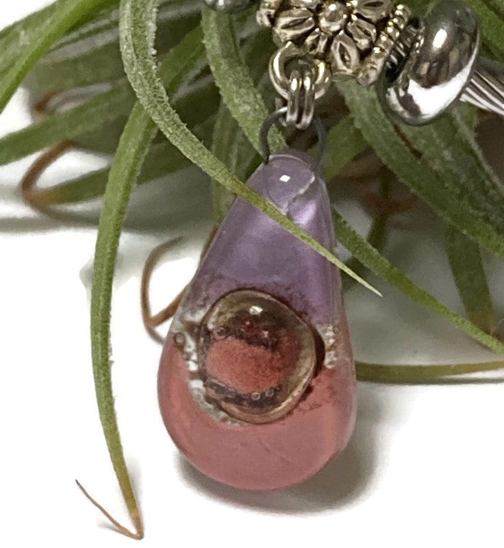 Pink, Copper and Brown Stainless Steel Bracelet Glass Charm Bead. Easy to put on adjustable stretch memory wire. One size fits most