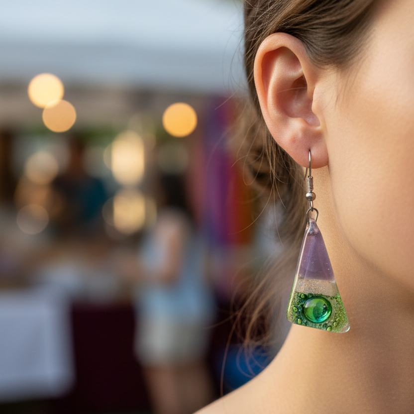 Long Triangle Drop drop Earrings. Green, Lilac and pearly white Recycled Fused Glass dangle earrings